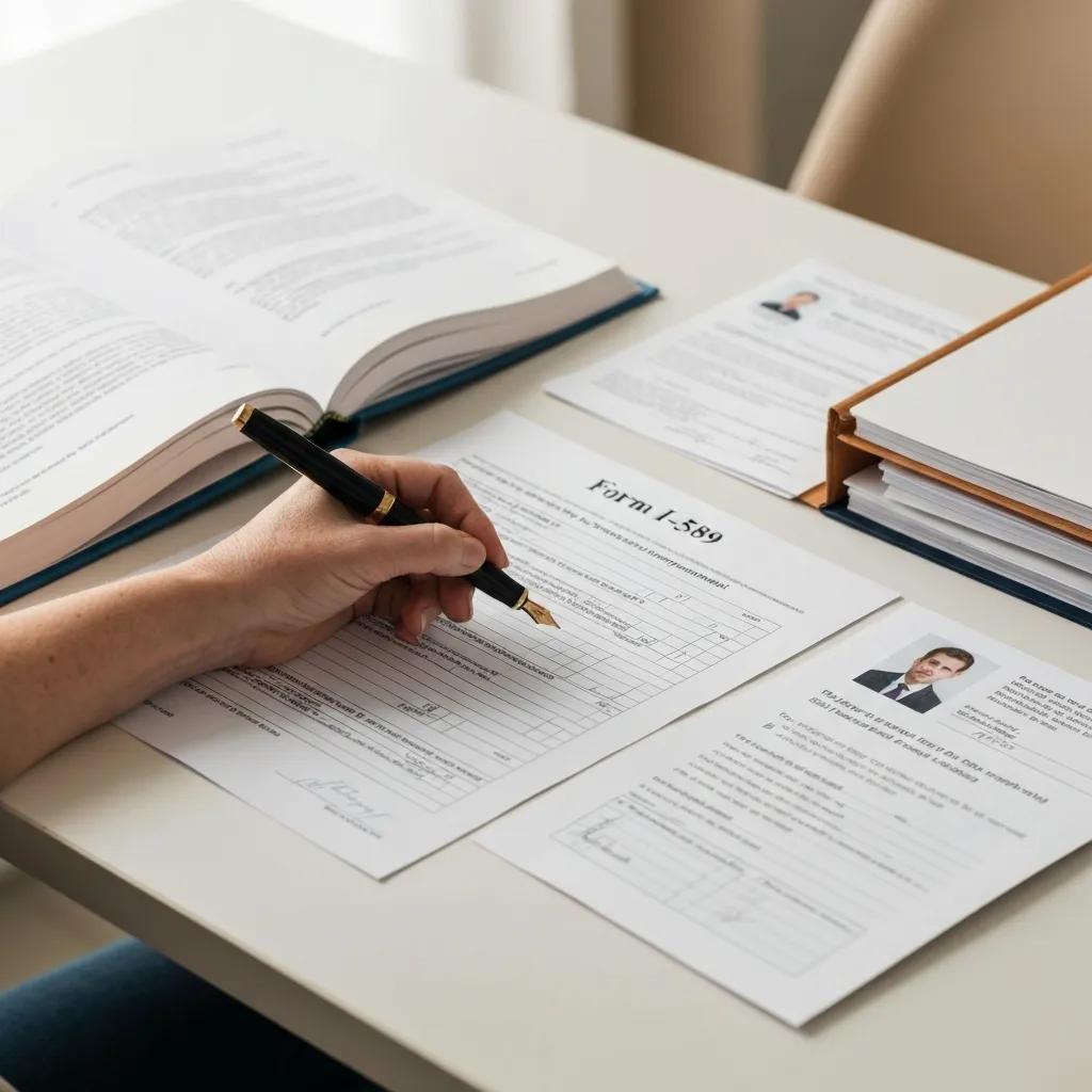 Hands completing Form I-589 with supporting documents on a well-organized workspace