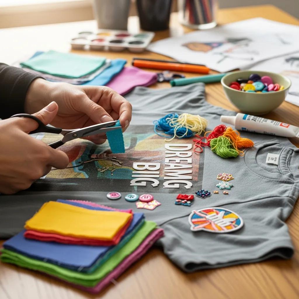Hands customizing a graphic tee, showcasing the creative process of personal expression through apparel