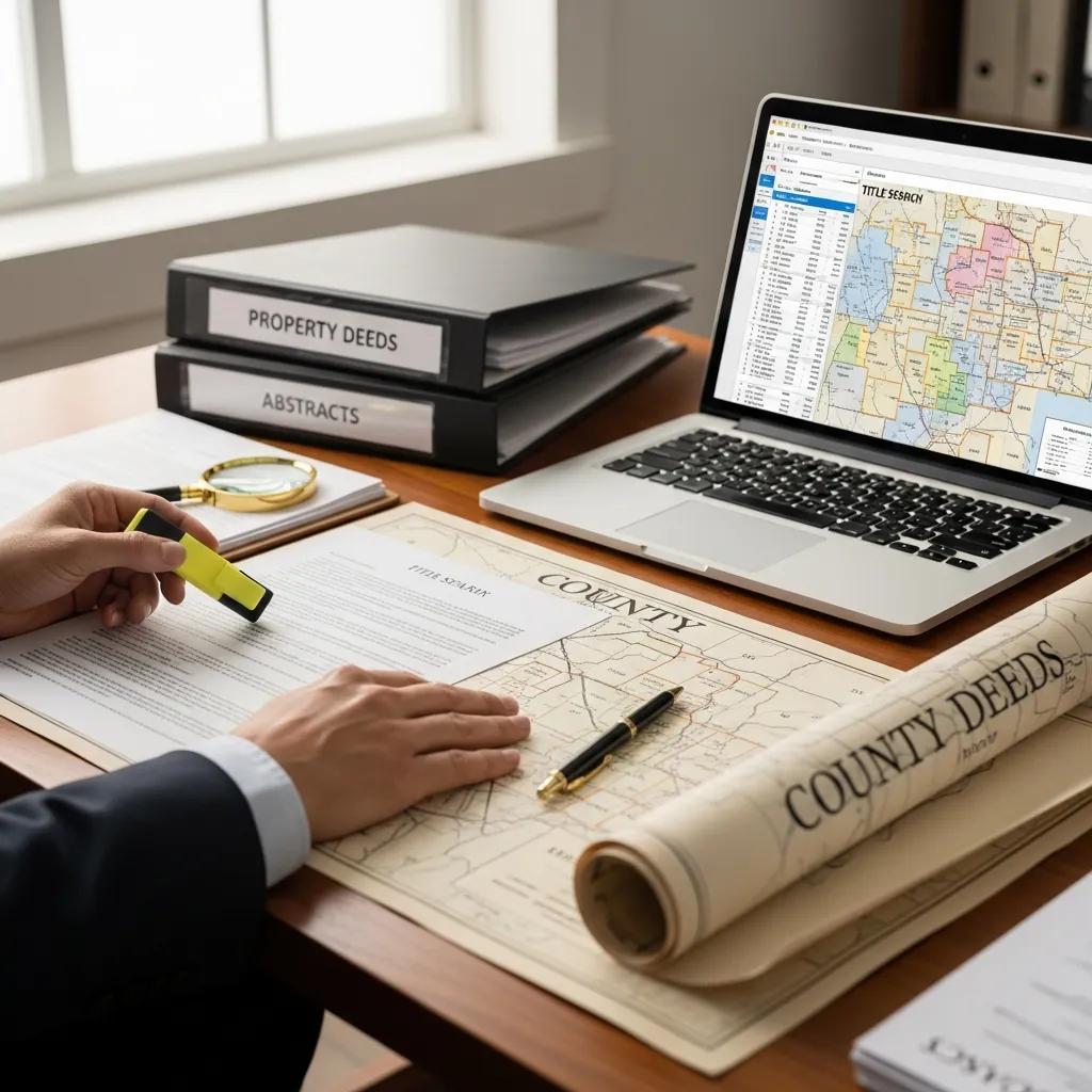 Hands examining legal documents and a county map while conducting a West Virginia title search