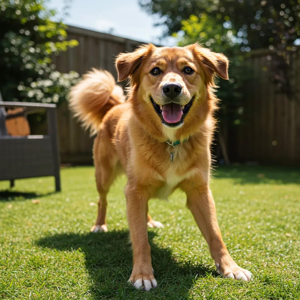 Happy dog enjoying playtime in a garden after mobile nail grooming service