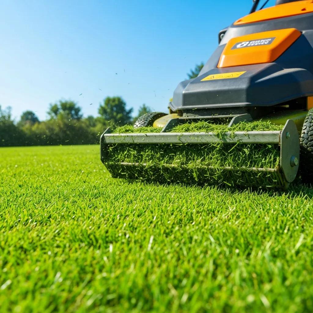 Healthy lawn being mulched with a mower, illustrating the benefits of mulching for lawn health