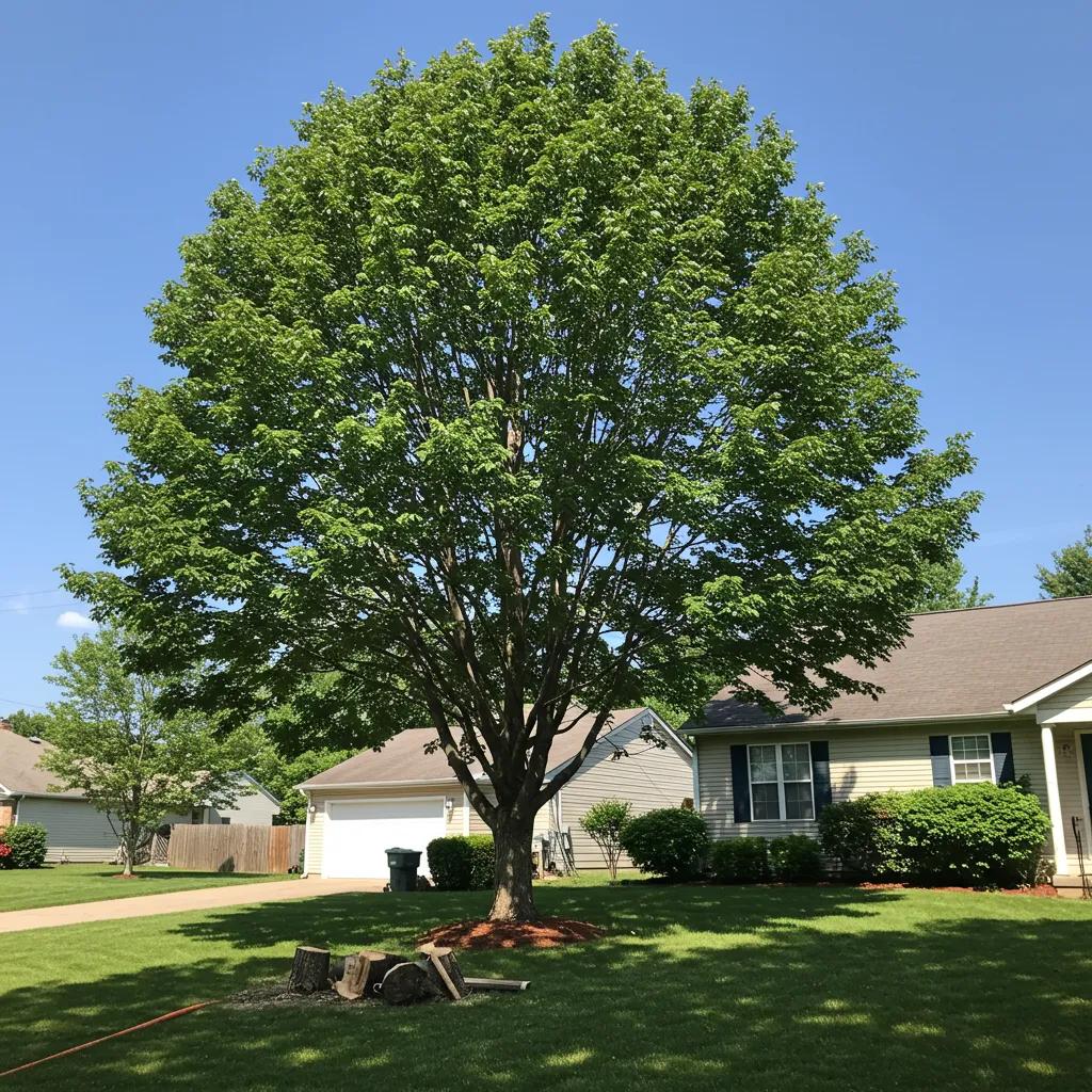 A vibrant, healthy tree in a suburban yard, illustrating the aesthetic and financial advantages of professional tree trimming