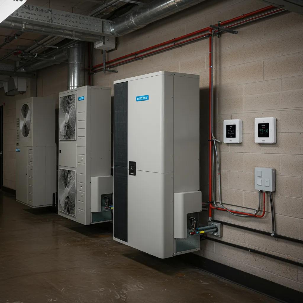 High-efficiency HVAC units and smart thermostats in a commercial setting