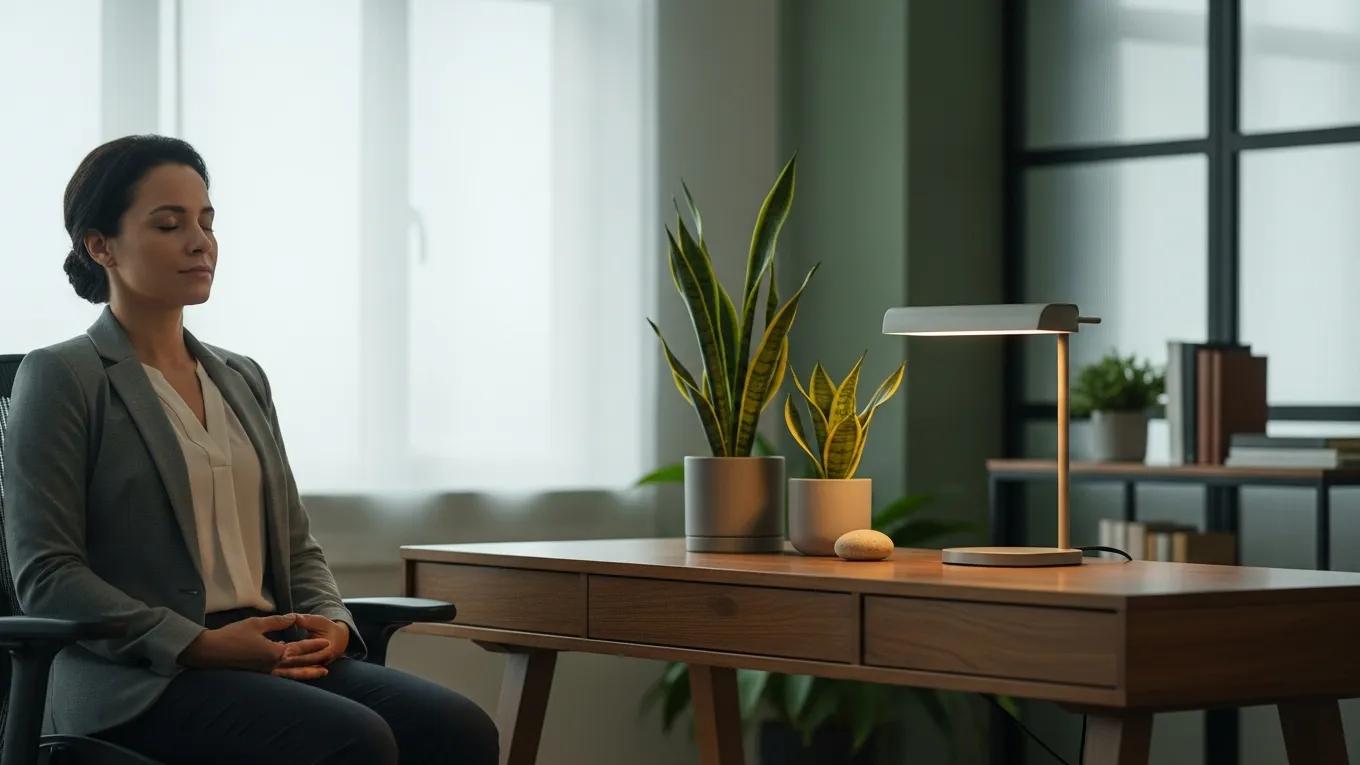 Executive practicing mindfulness in a calm workspace