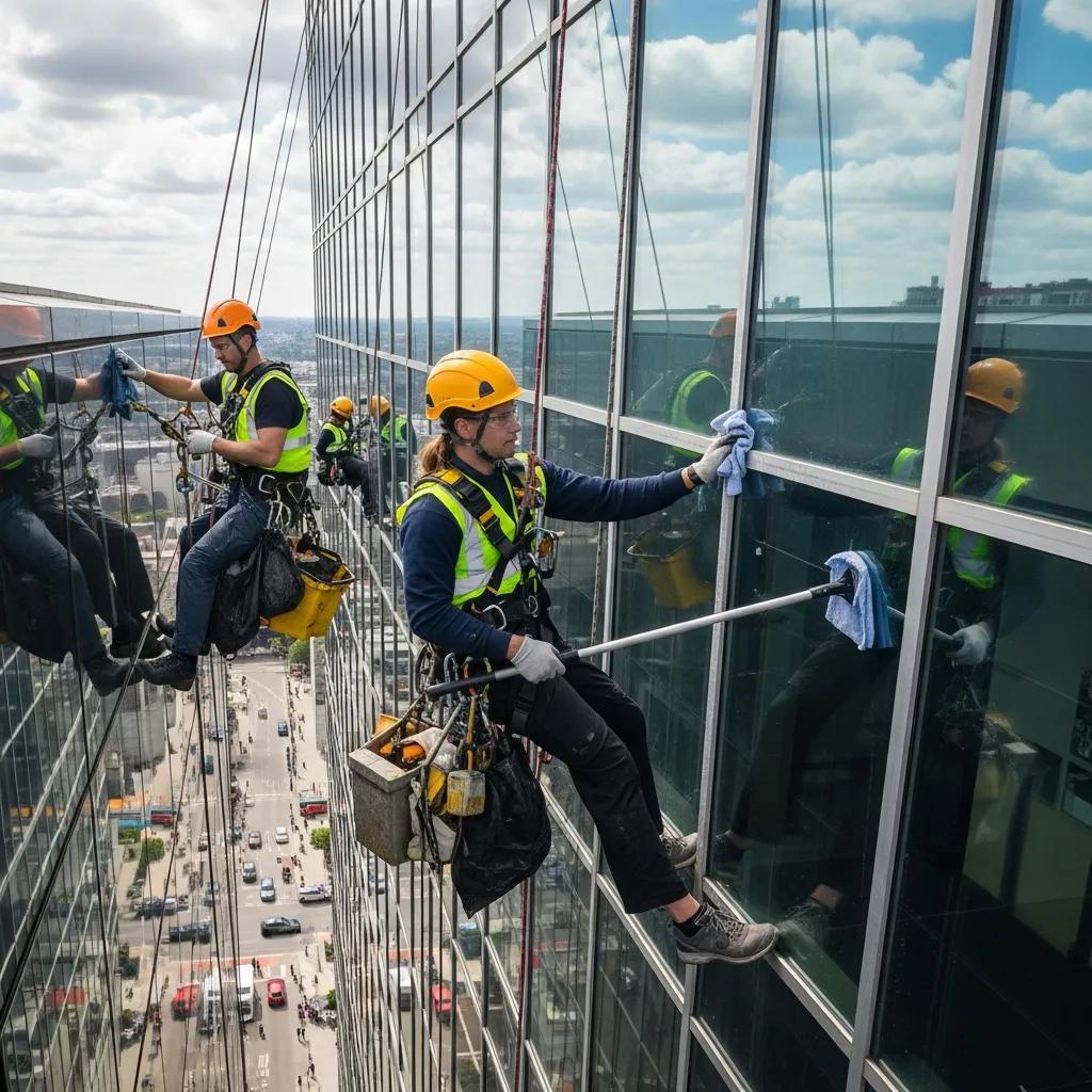 High-rise window cleaning team implementing safety protocols