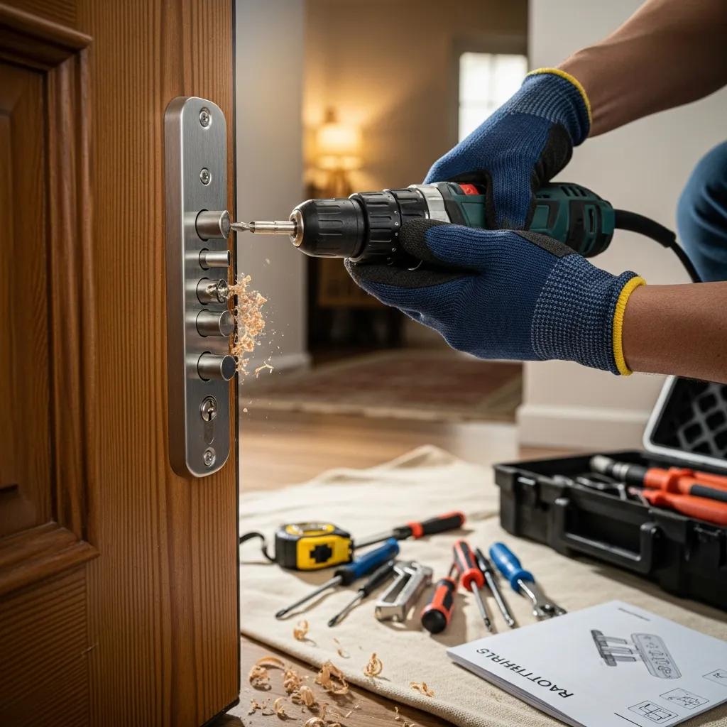 High-security lock installation in a residential home, emphasizing security features