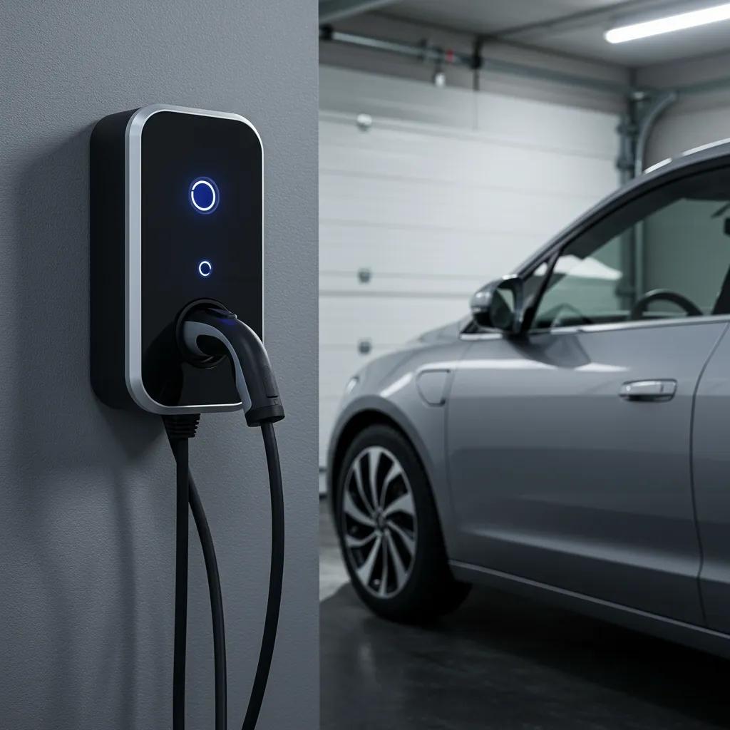 Home electric car charging station installed on a garage wall