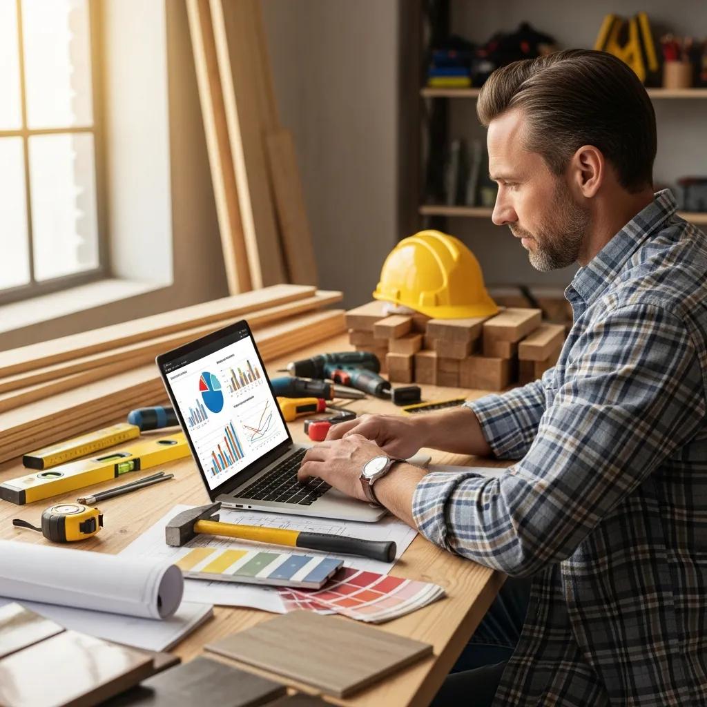 Contractor reviewing local market data and jobsite materials in a workspace