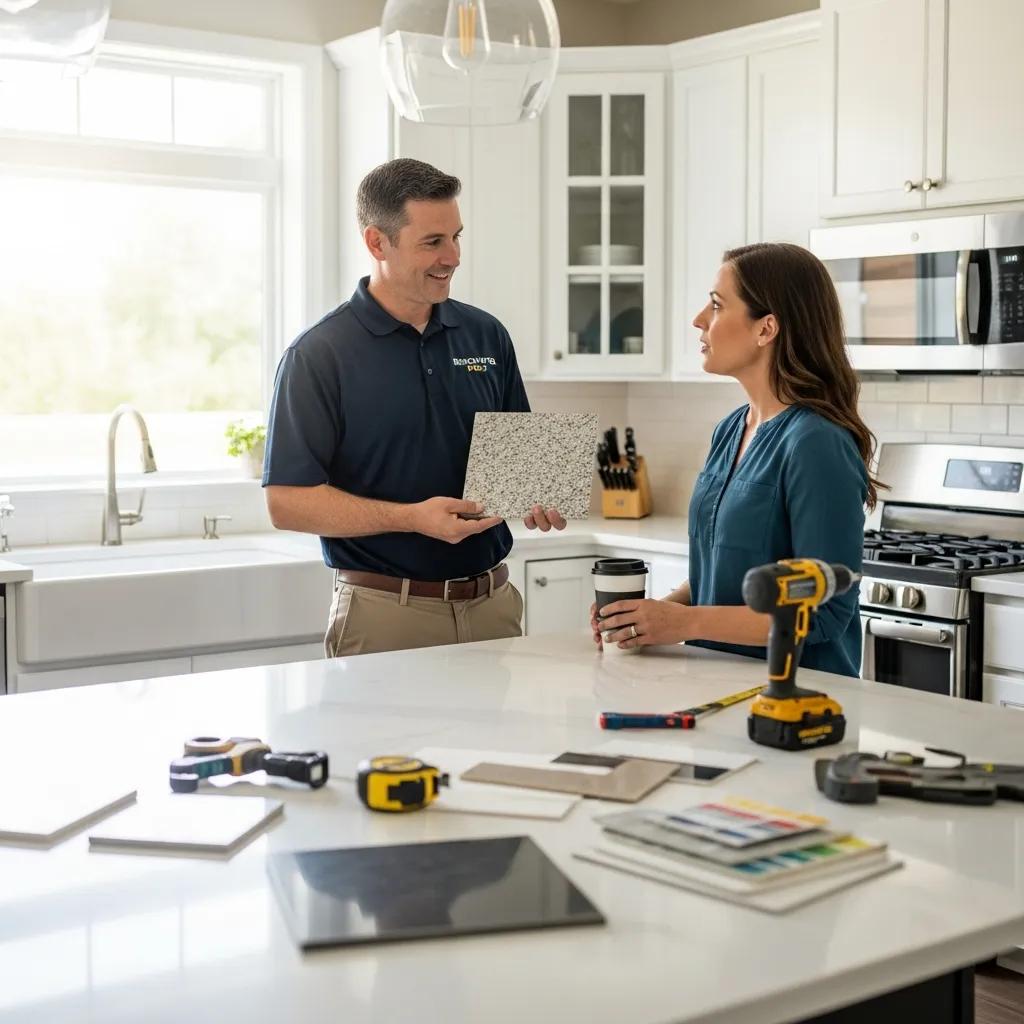 Contractor and homeowner reviewing remodeling options in a bright kitchen