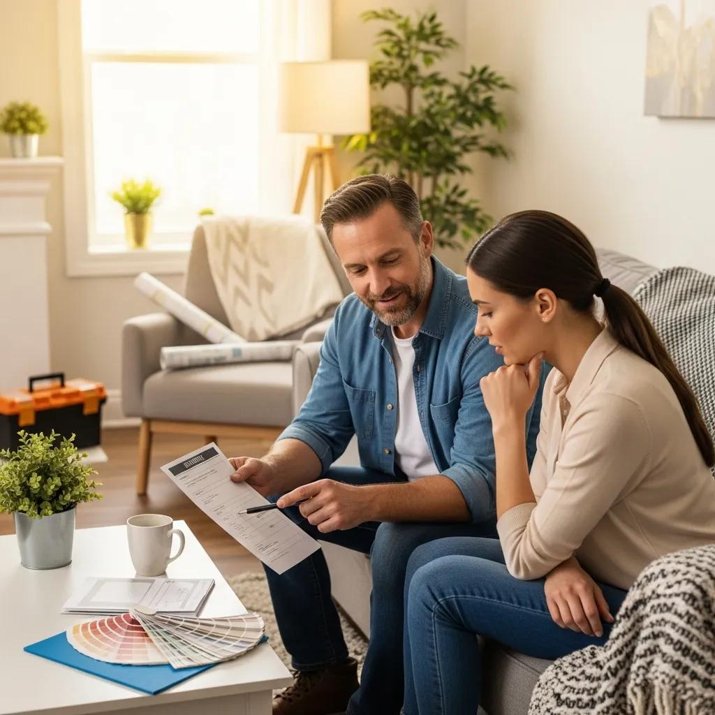 Contractor reviewing sales script with a homeowner in a living room