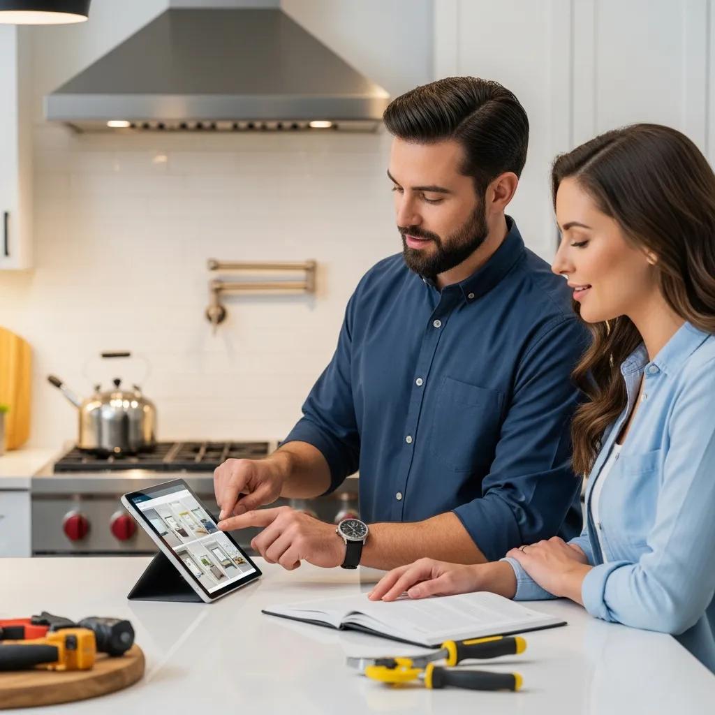 Contractor showing digital design options to a homeowner in a modern kitchen