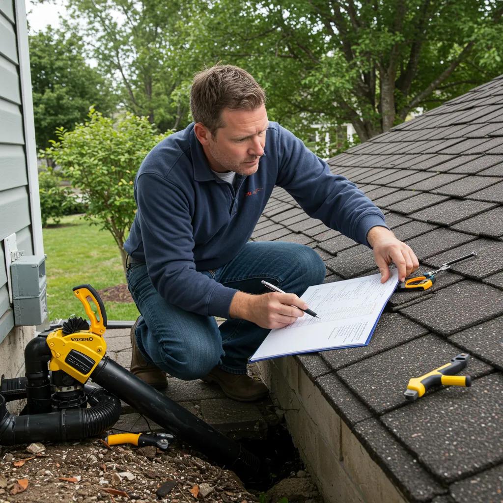 Home inspector evaluating roof and drainage system during inspection Home inspector evaluating roof and drainage system during inspection