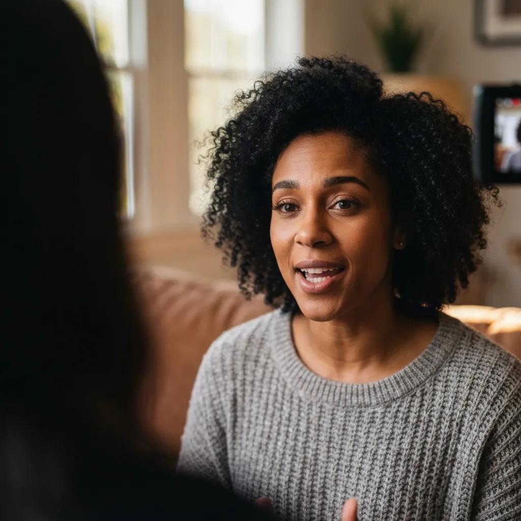 Home seller giving a short video testimonial in their living room