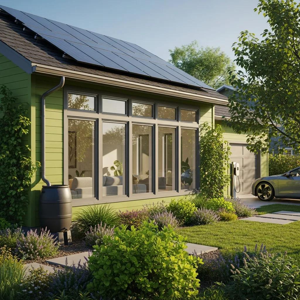 A modern home with solar panels and energy-efficient windows illustrating sustainable upgrades