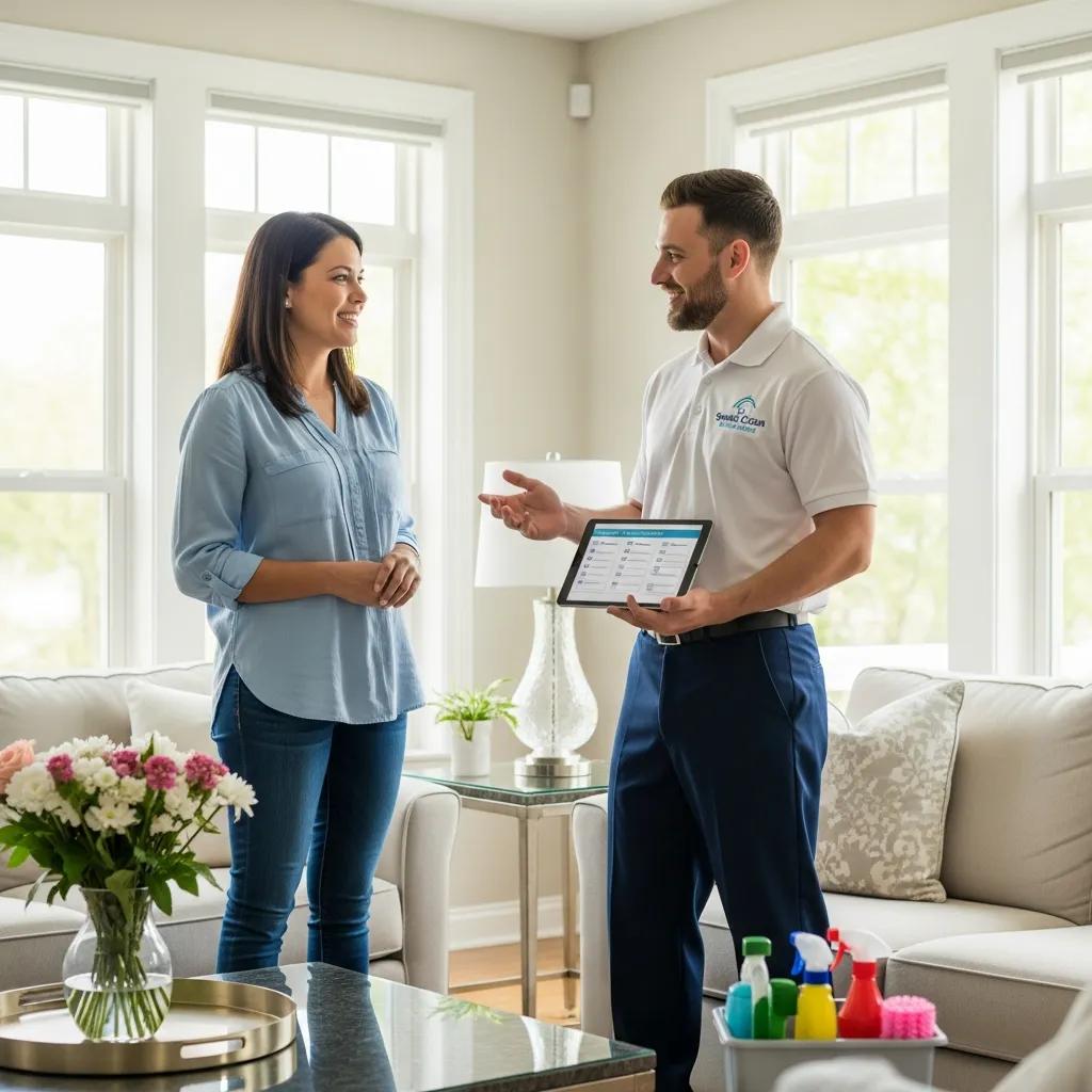 A homeowner consulting with a professional cleaner, illustrating dependable customer service