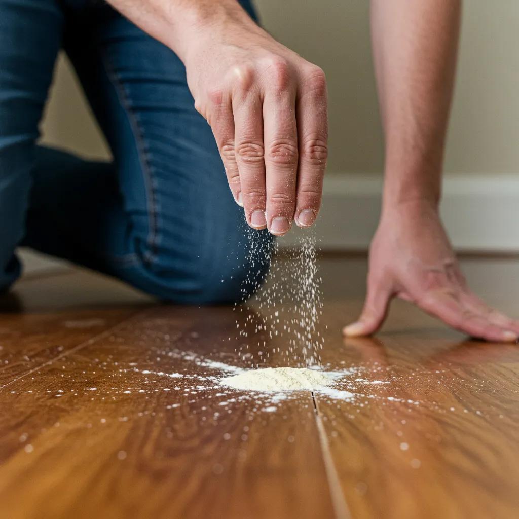 Homeowner applying talcum powder between hardwood floorboards to reduce squeaks