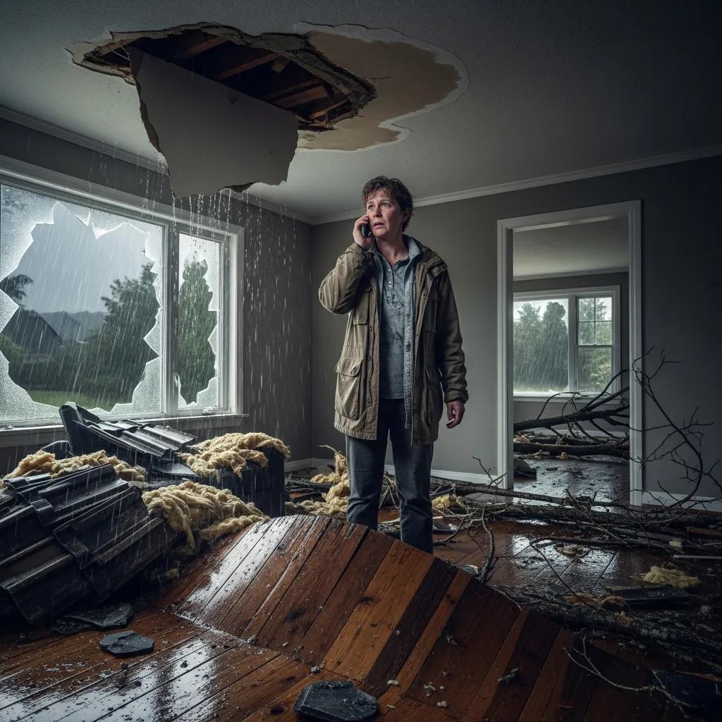 Homeowner assessing storm damage with visible water intrusion and debris