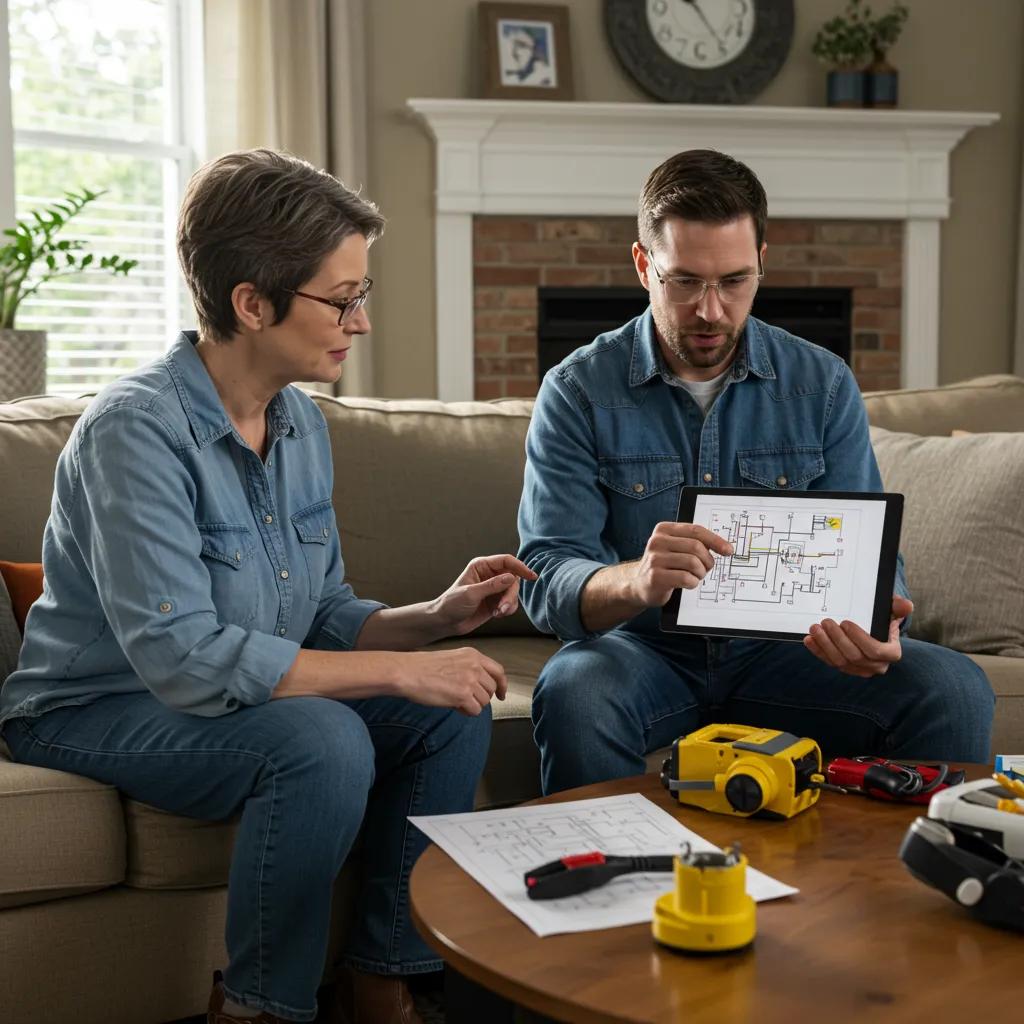 Homeowner consulting with an electrician about whole house rewiring options Homeowner consulting with an electrician about whole house rewiring options