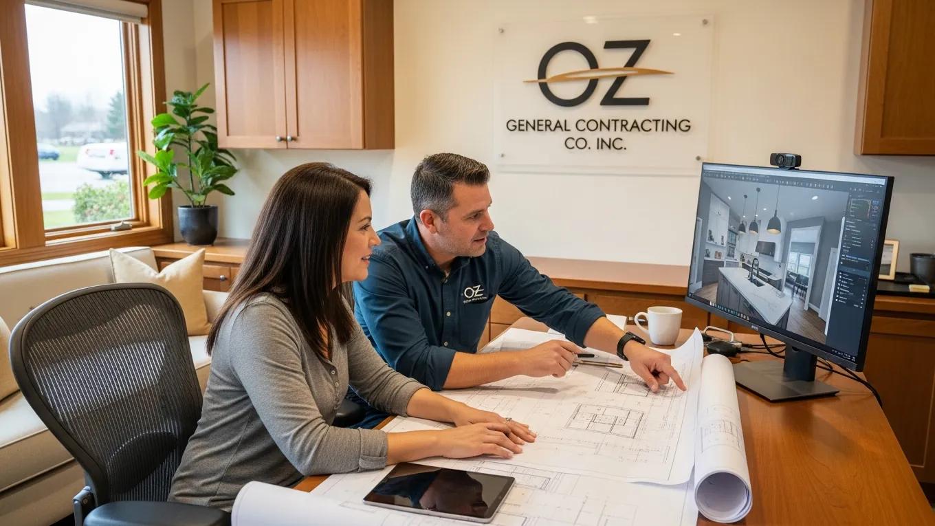 Homeowner consulting with OZ General Contracting professional using 3D visualization tools