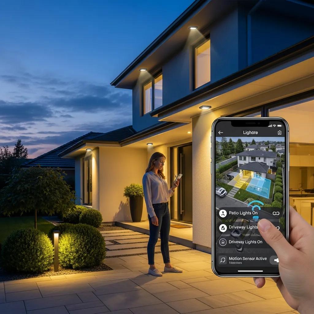 Homeowner controlling smart outdoor security lighting with a smartphone app, showcasing modern technology in home safety
