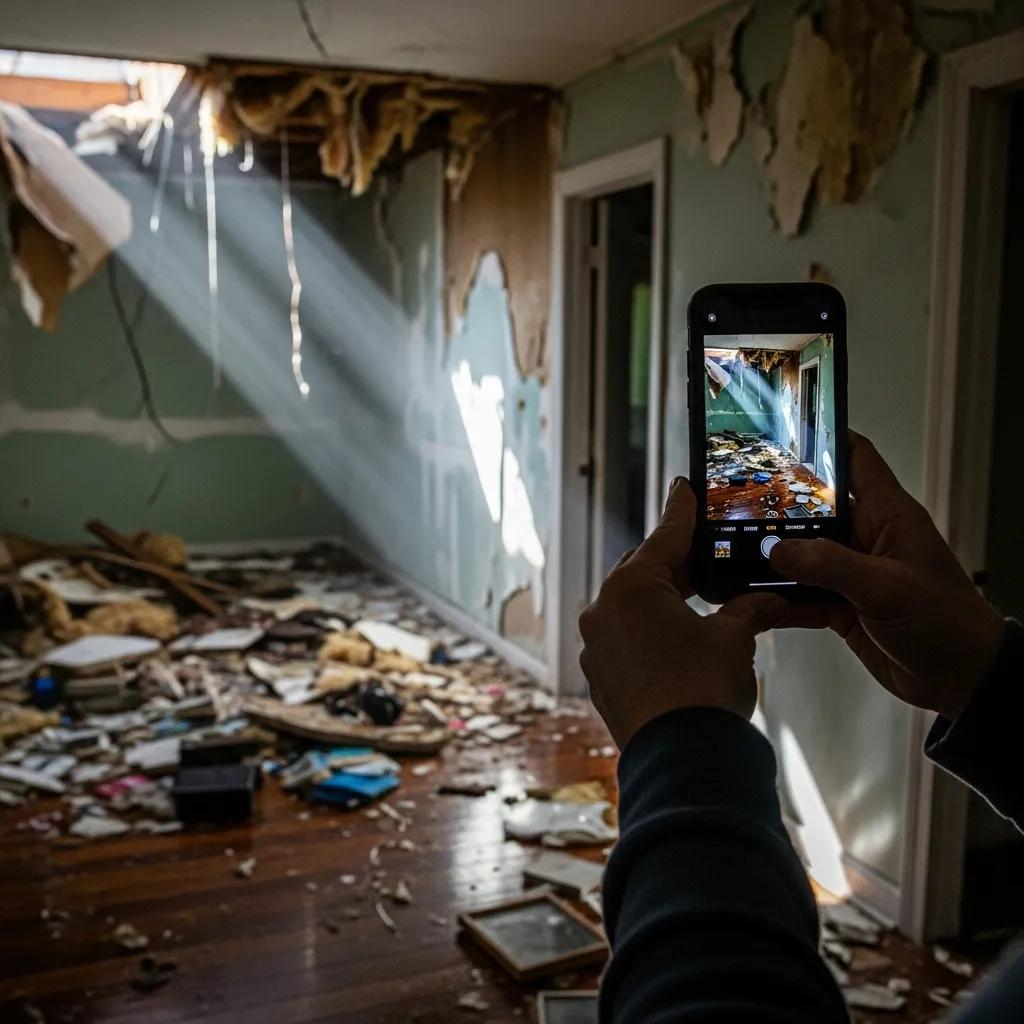 Homeowner documenting hurricane damage for insurance claims with a smartphone