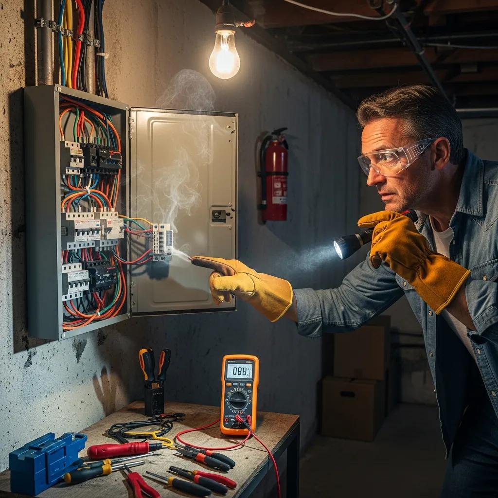 Homeowner inspecting electrical panel for hazards, highlighting safety precautions before help arrives