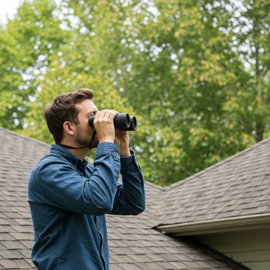 Person checking a roof for wind damage from the ground using binoculars