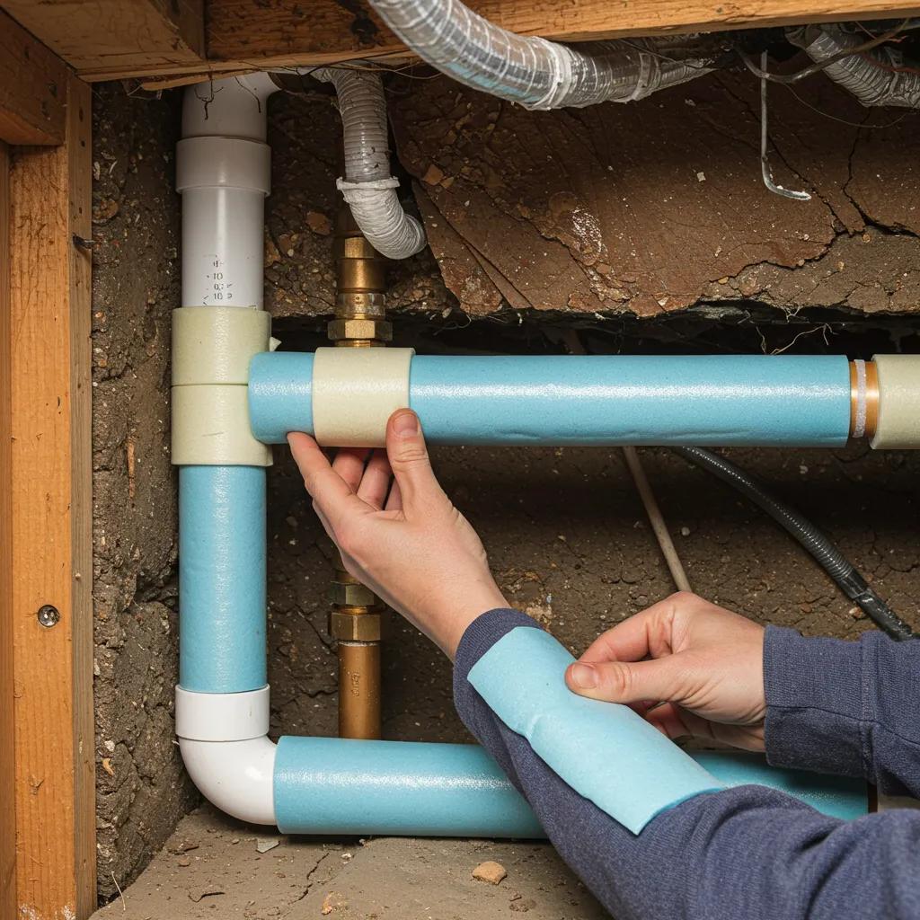 Homeowner insulating pipes in a crawl space to prevent freezing during winter Homeowner insulating pipes in a crawl space to prevent freezing during winter