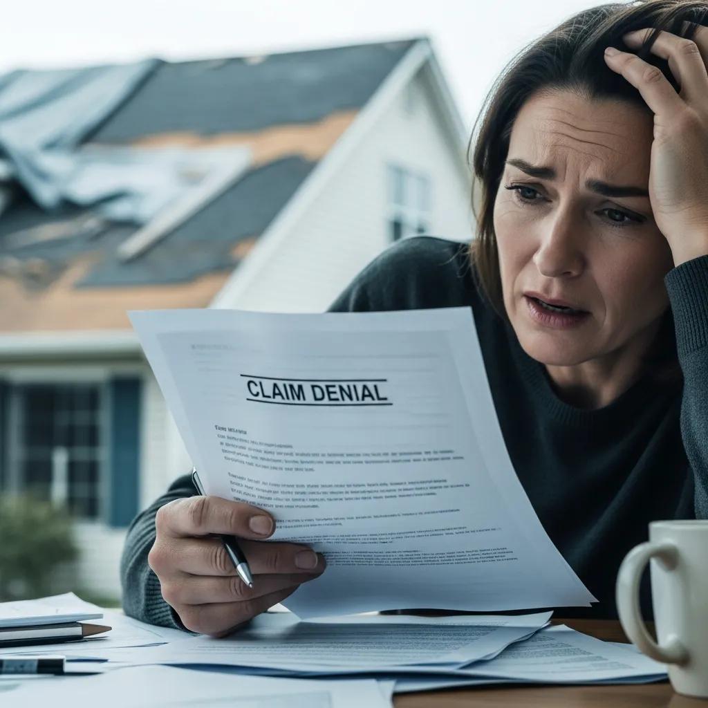 Homeowner reviewing a denial letter with a damaged roof visible outside