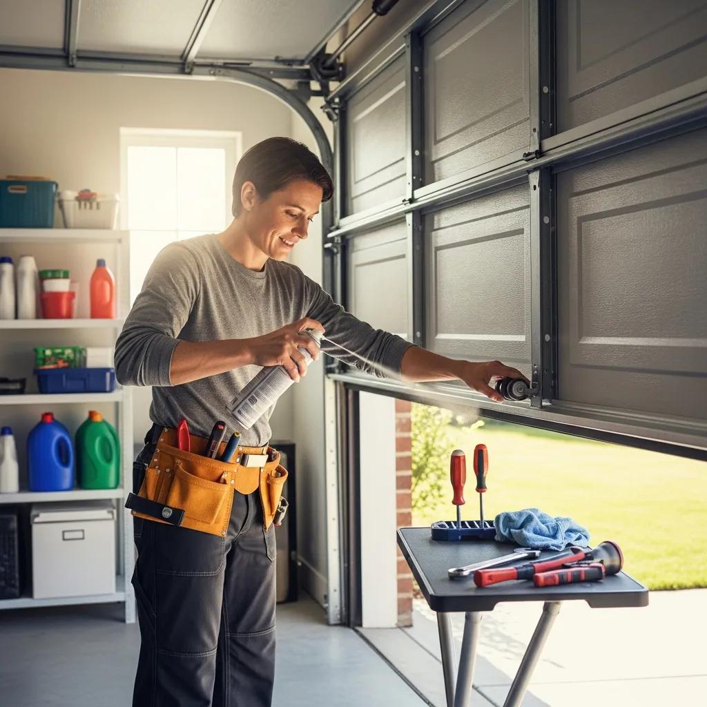 Homeowner maintaining a garage door, emphasizing essential maintenance tips