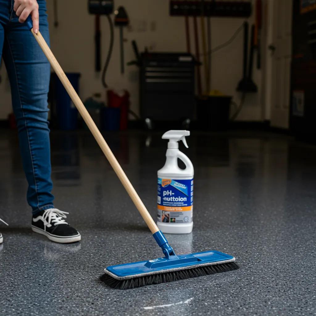 Homeowner maintaining an epoxy garage floor with a mop and cleaner