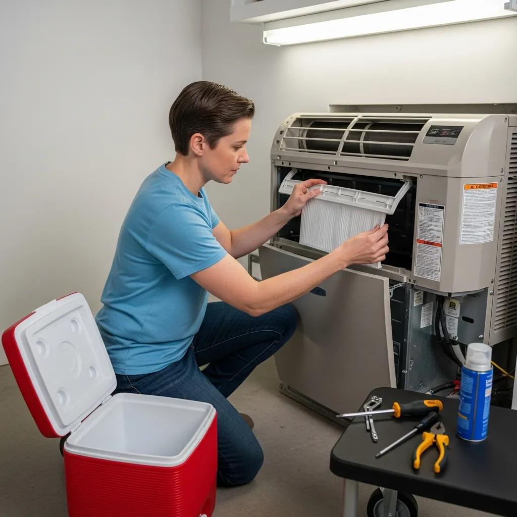 Homeowner replacing an air filter as part of basic AC upkeep