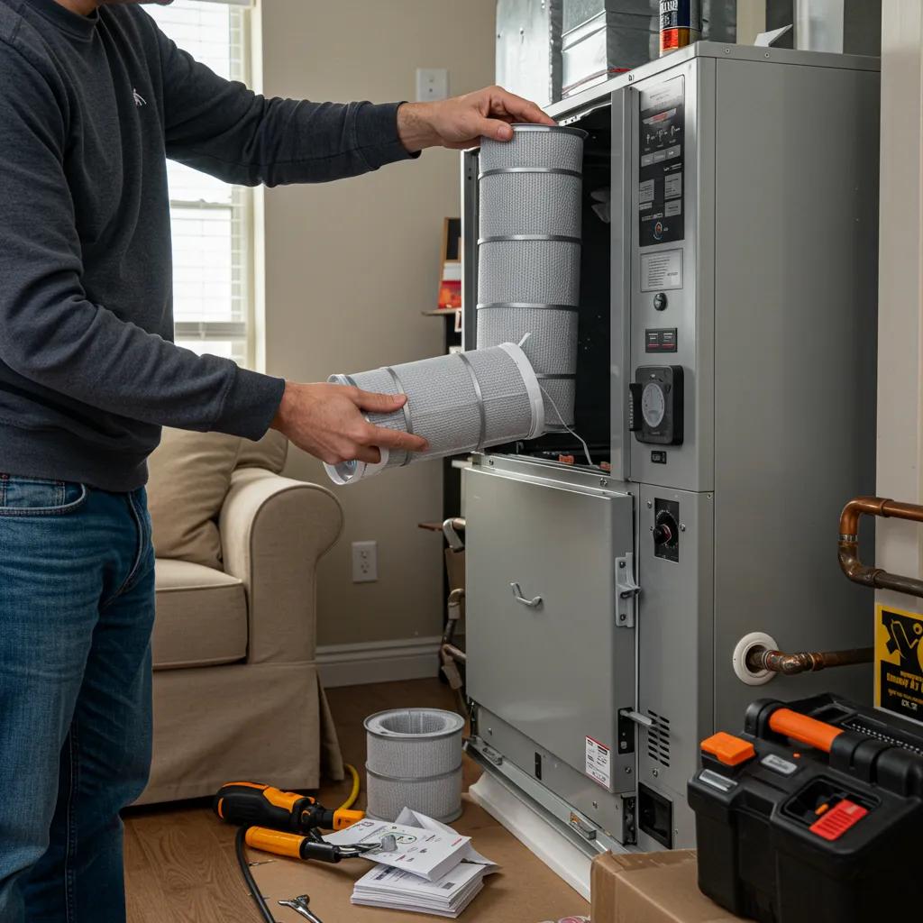 Homeowner performing DIY furnace maintenance tasks, focusing on filter replacement and vent inspection