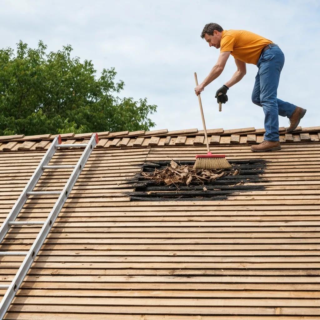 Homeowner inspecting a wood roof and removing debris to maintain longevity