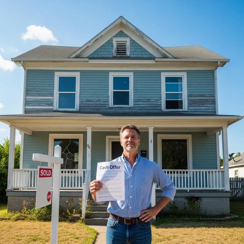 Homeowner holding a cash offer, relieved, in front of a house that needs repairs