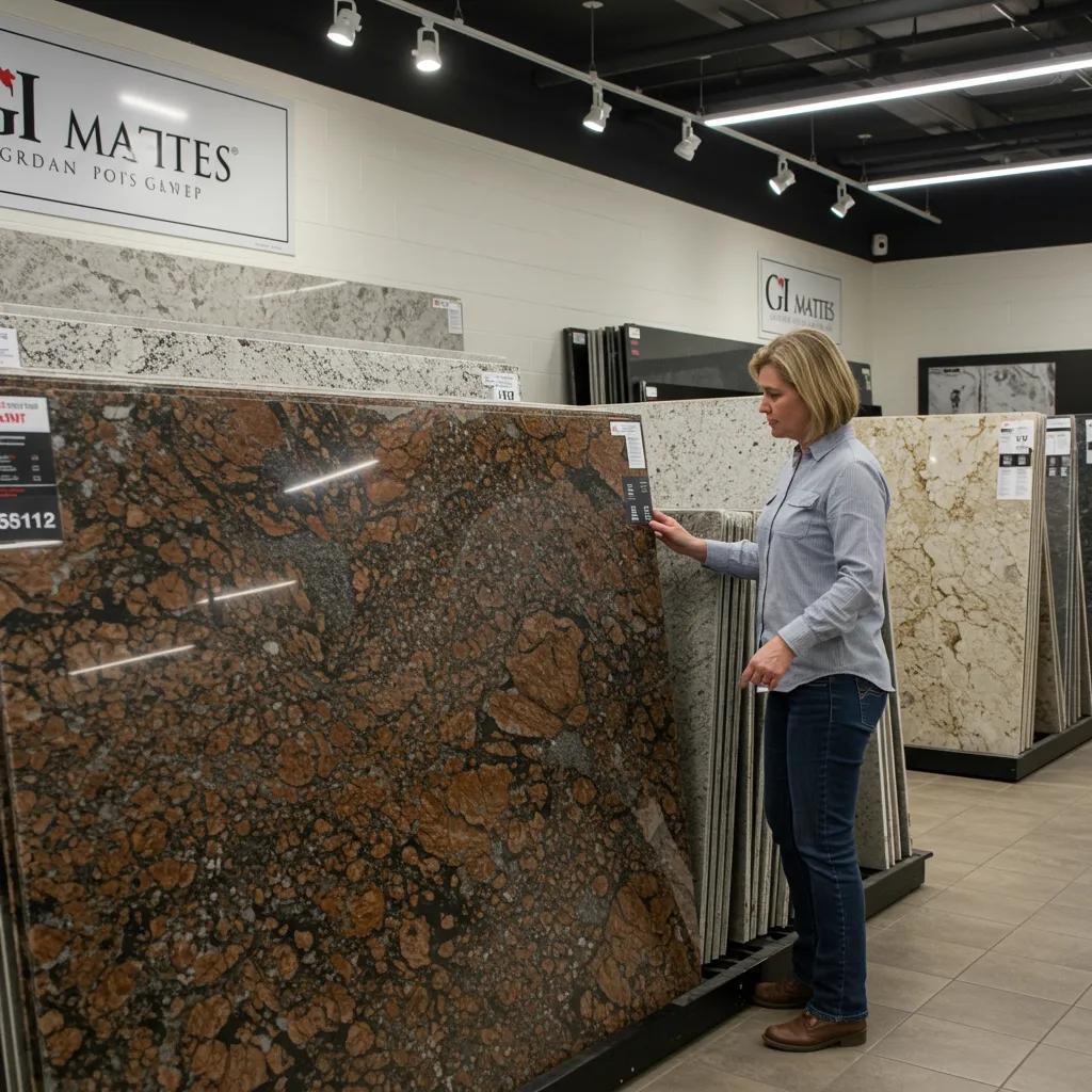 Homeowner selecting granite slabs in a well-lit showroom