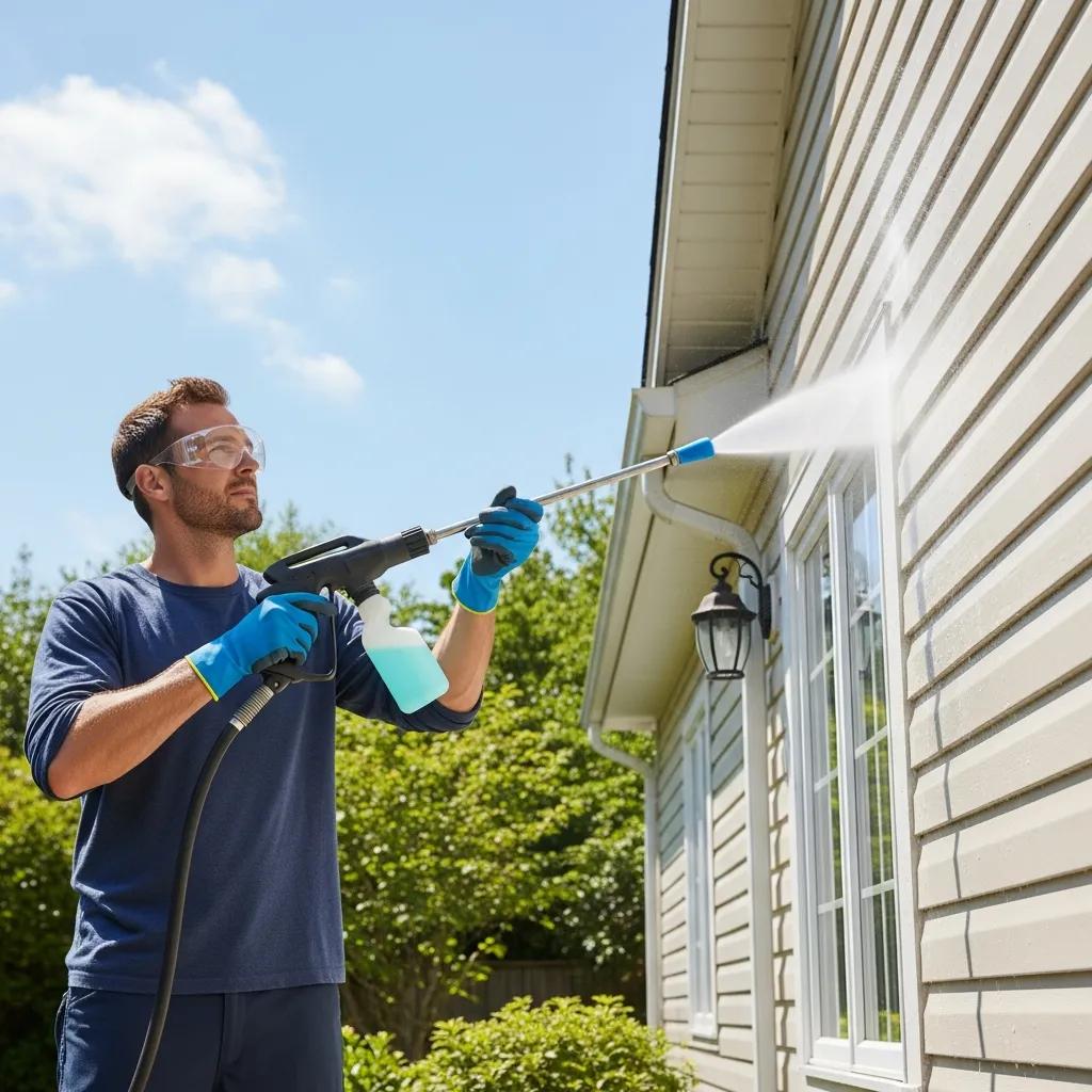 Homeowner soft-washing a house exterior with an eco-friendly cleaner