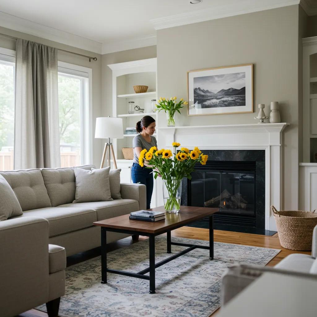 Homeowner staging a living room to maximize value before selling in Connecticut