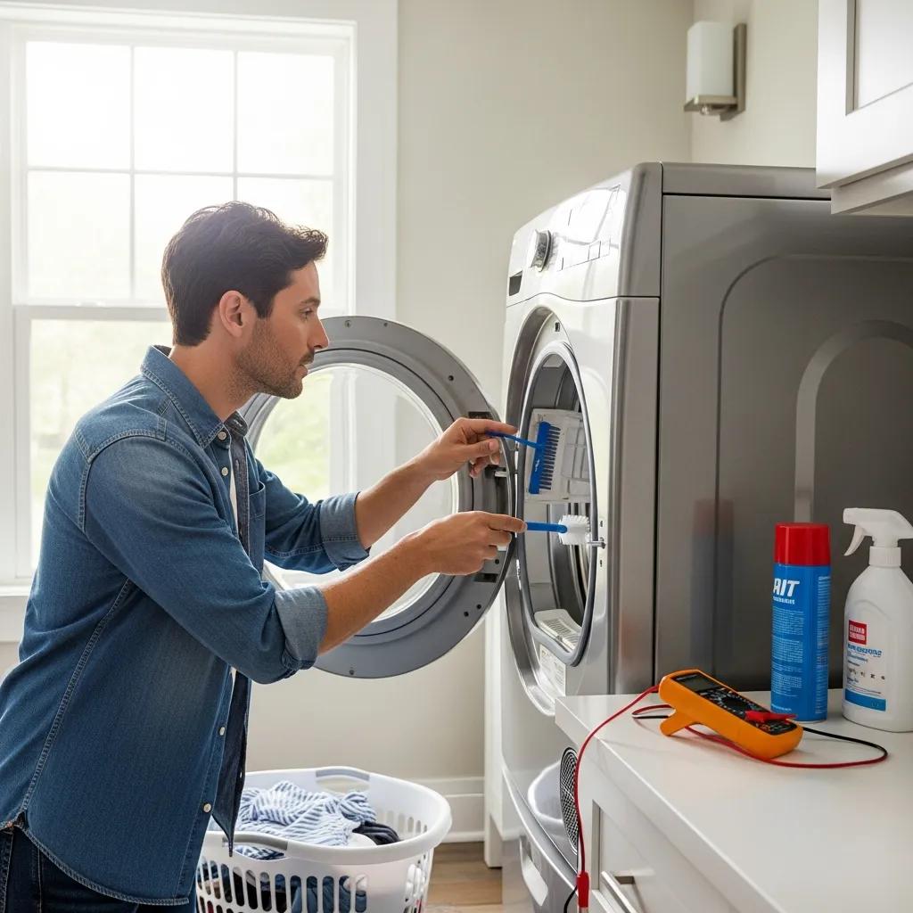Homeowner checking dryer lint filter and vent for clogs