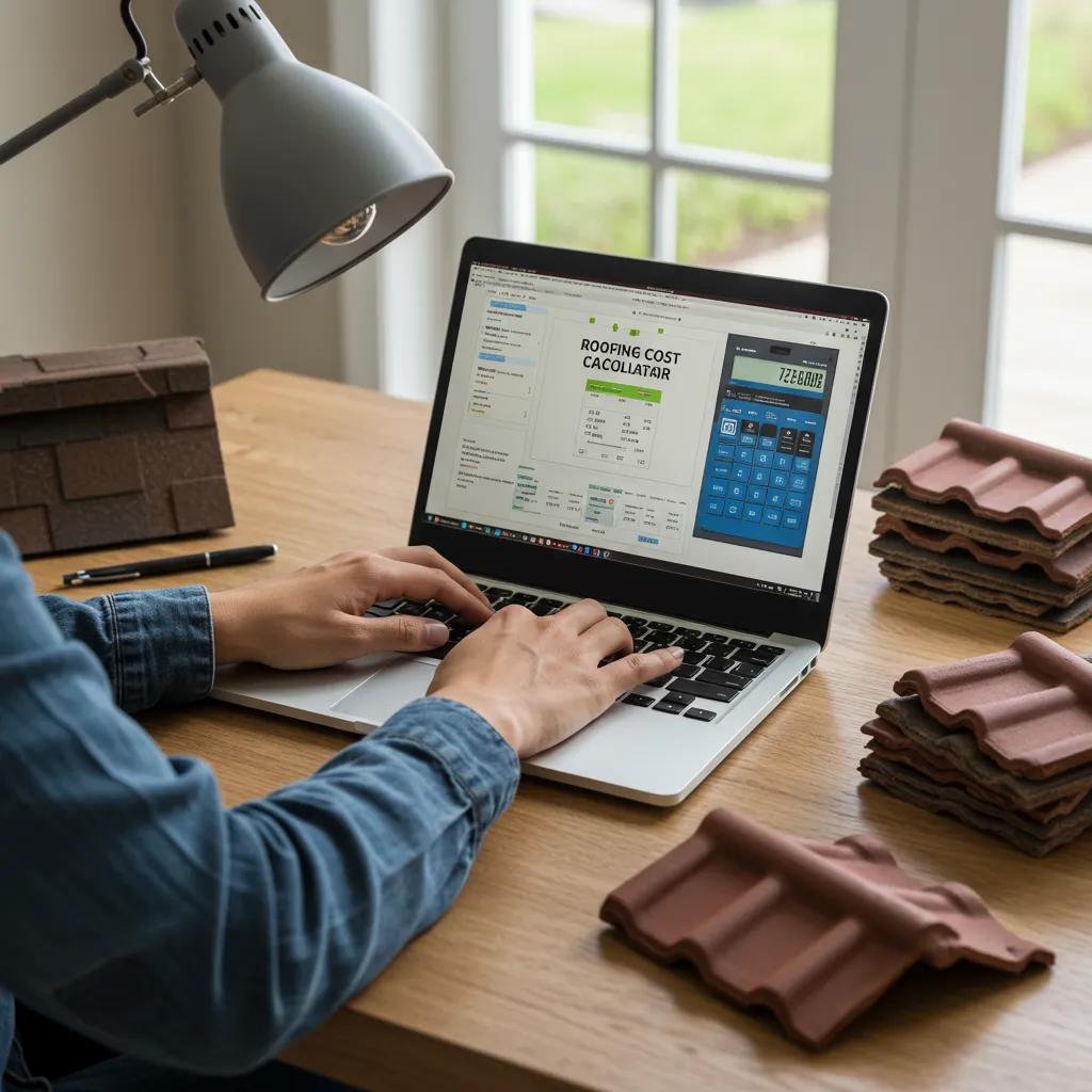 Homeowner using a roofing cost calculator in a bright home office with roofing materials