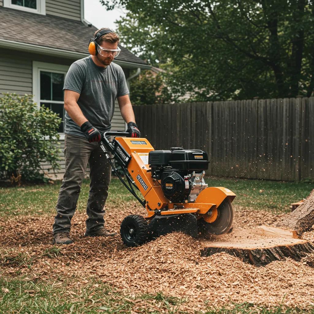 Homeowner using a stump grinder with safety gear in a backyard