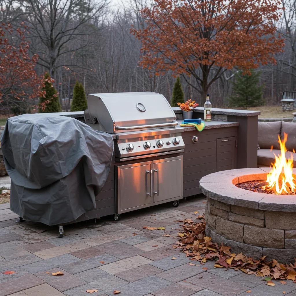 Homeowner winterizing an outdoor kitchen, covering appliances and preparing for cold weather