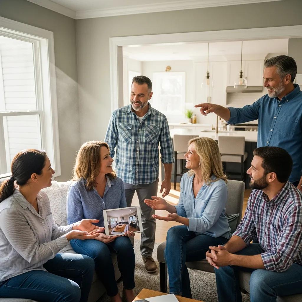 Homeowners sharing positive feedback about a contractor in a renovated living room