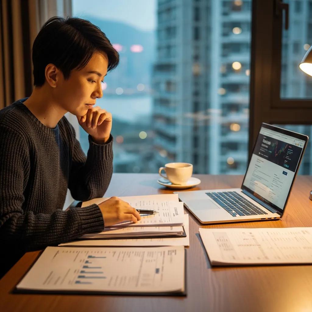 Hong Kong citizen reviewing financial documents at a desk, emphasizing careful financial decision-making