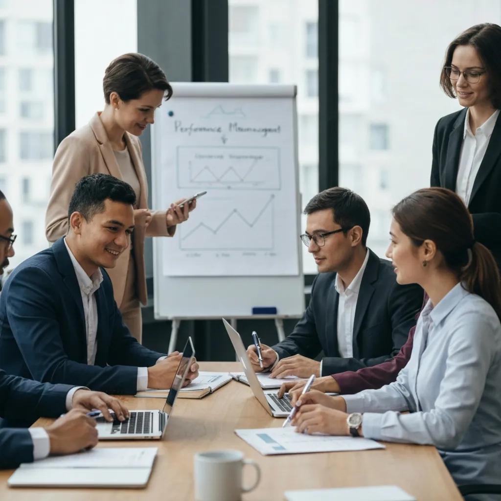 HR professionals collaborating on performance management strategies in a modern office