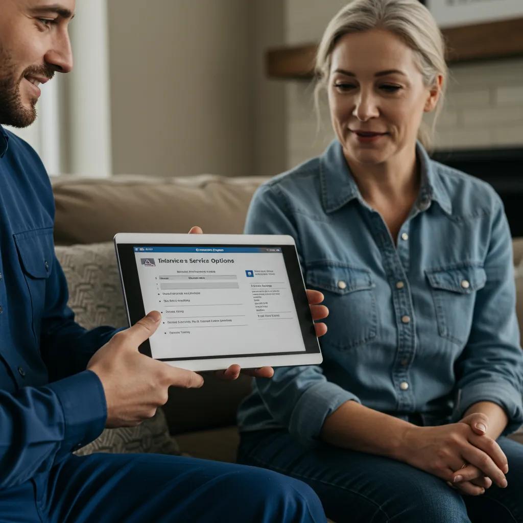 HVAC technician discussing service options with a homeowner