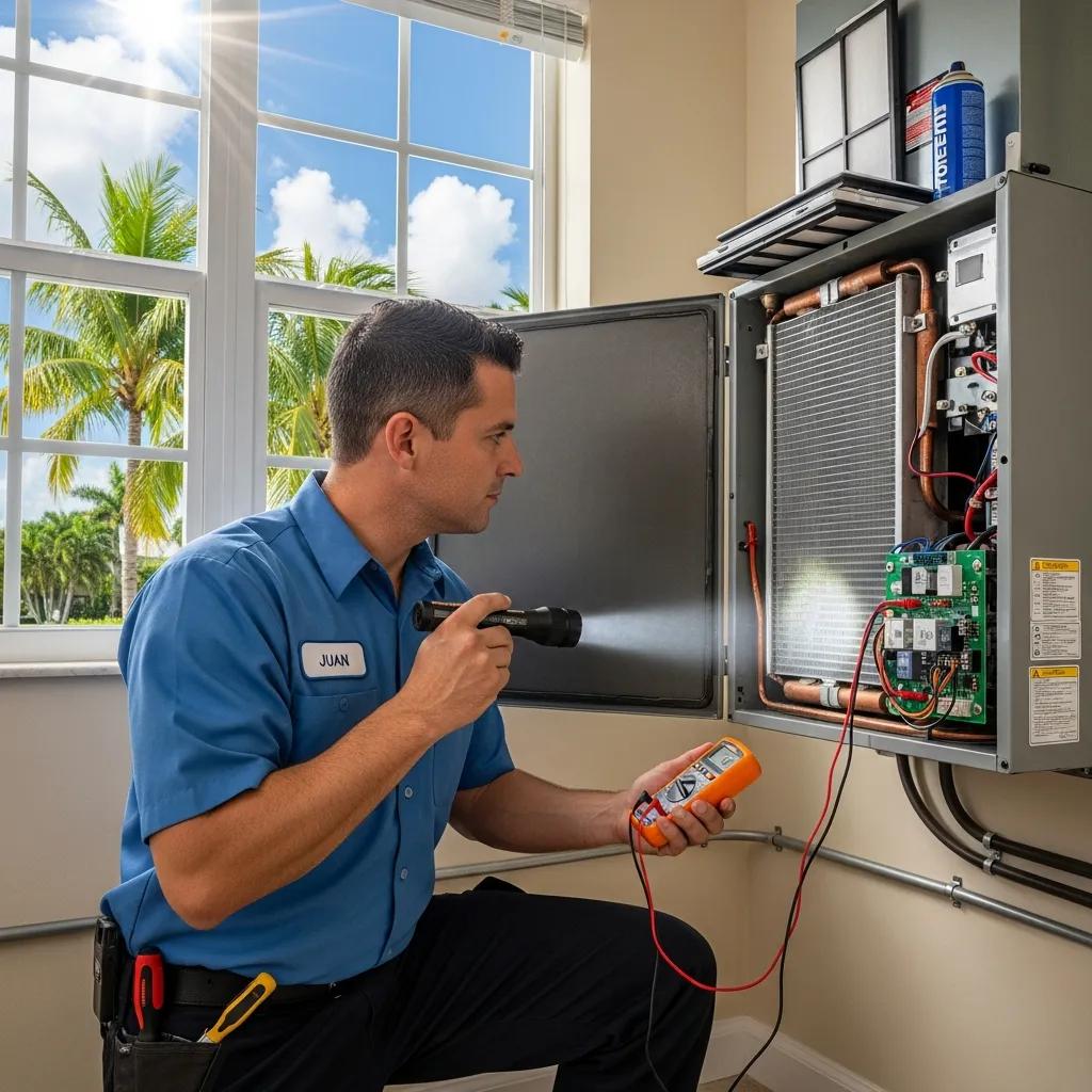 Technician inspecting components of a residential air‑conditioning unit