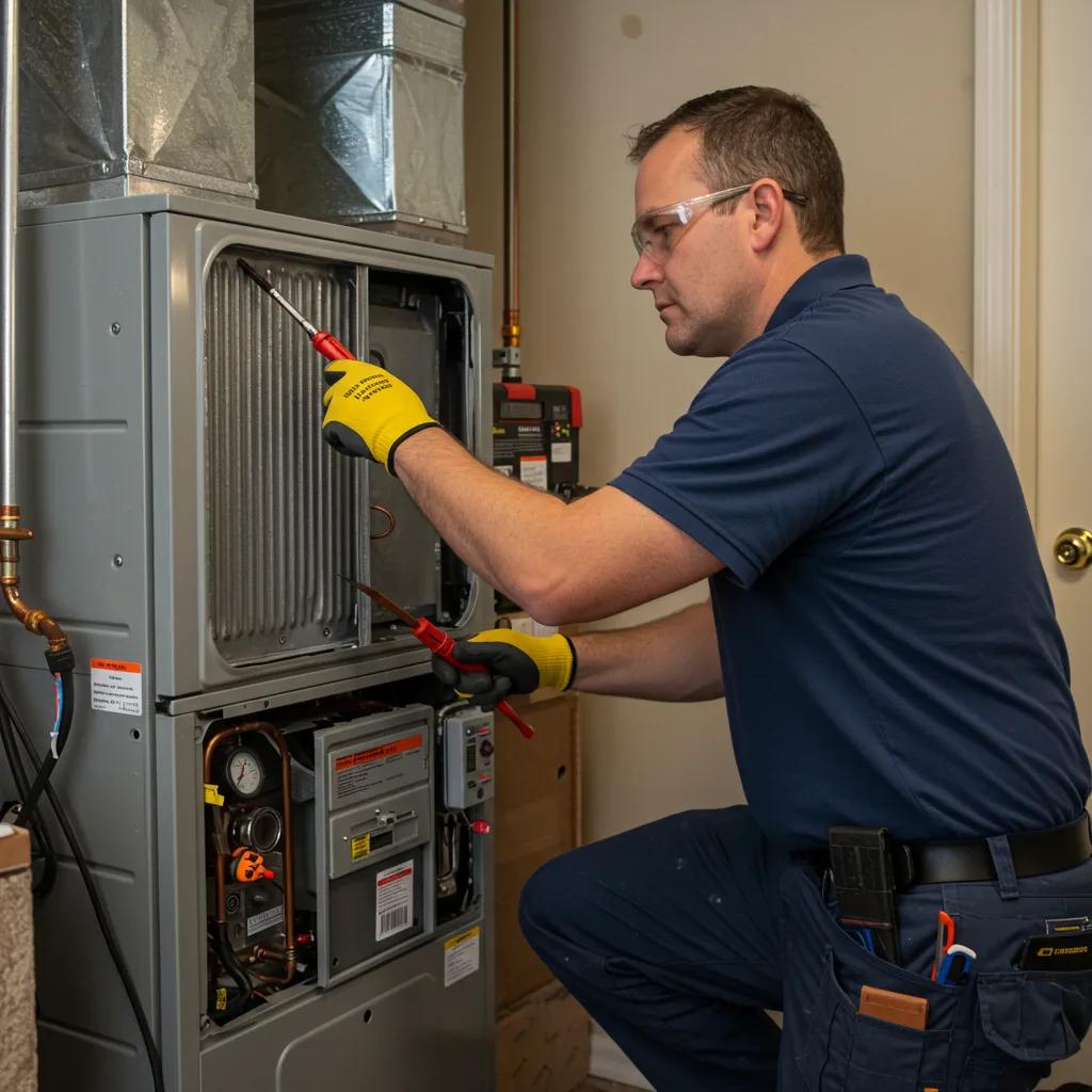 HVAC technician performing a professional furnace tune-up, emphasizing safety and efficiency in maintenance