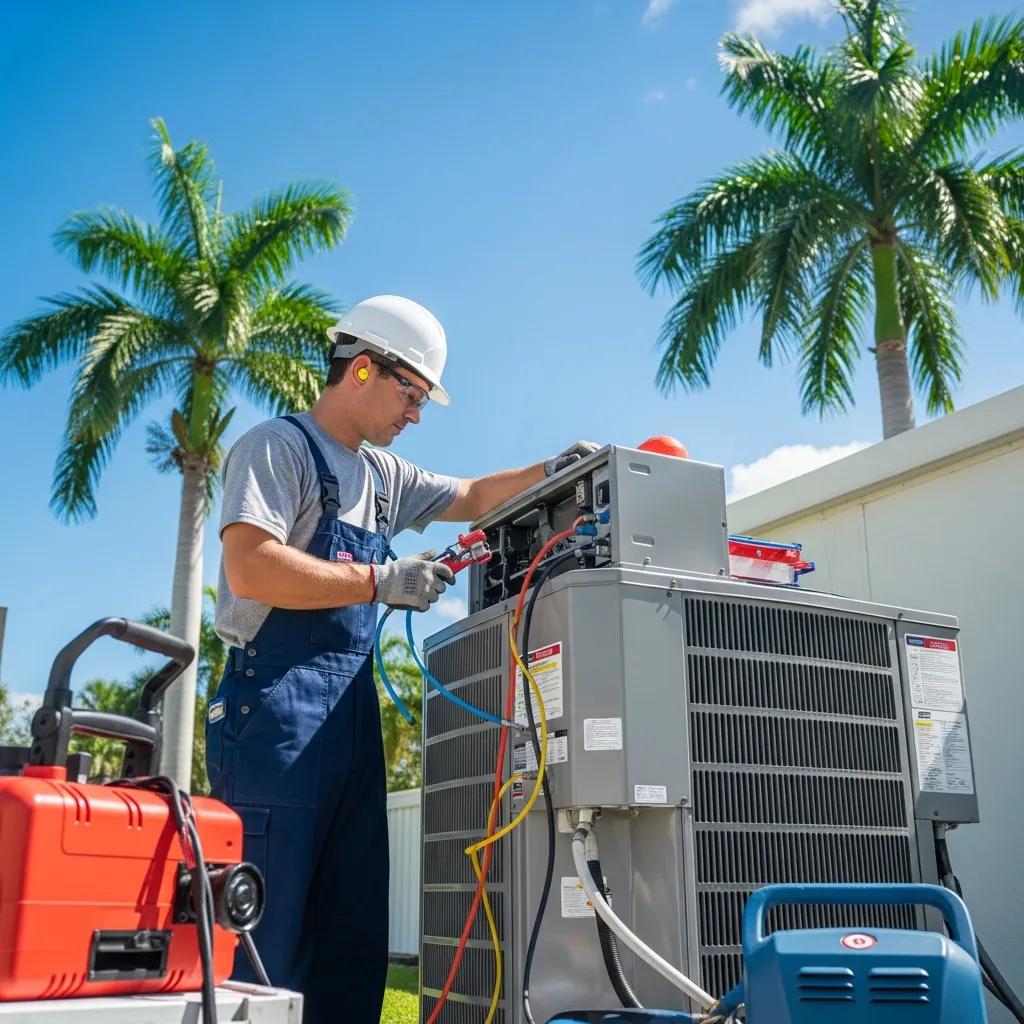 Technician servicing an air‑conditioning unit in South Florida