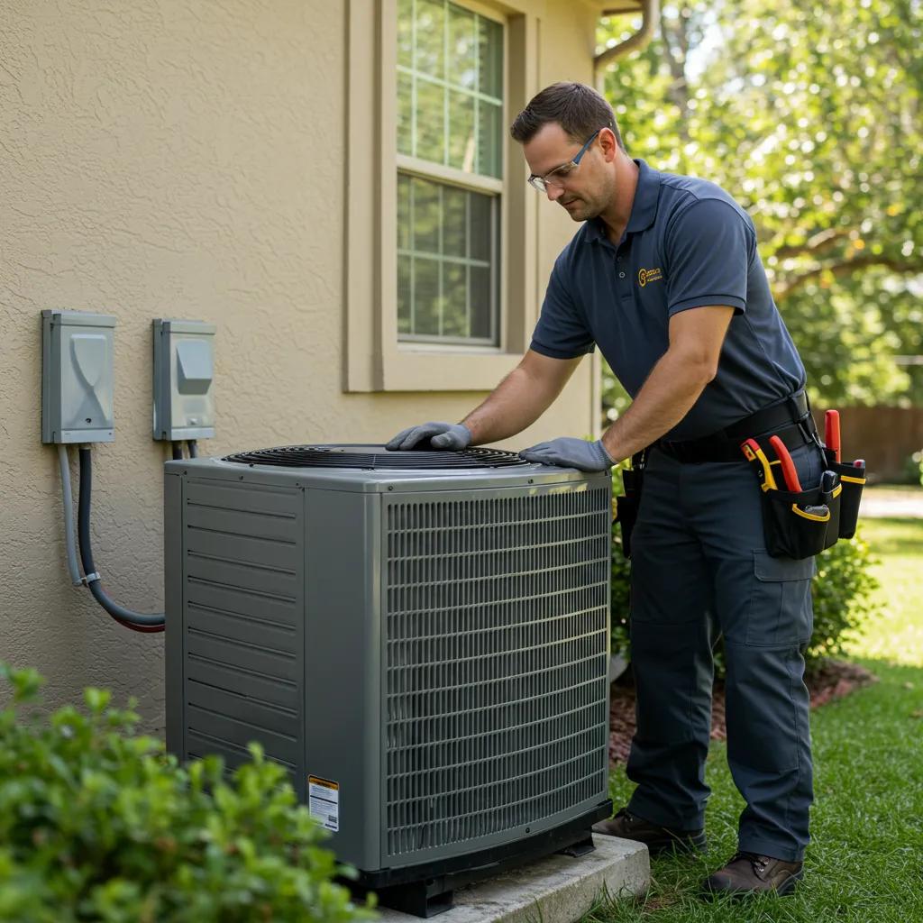 HVAC technician fixing an air conditioning unit at a home